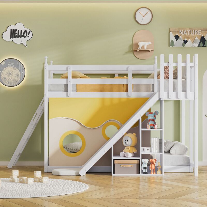 Lit superposé enfant 90x200cm, Lit enfant avec grille de rangement, toboggan et escalier, barrière de sécurité, sommier à lattes, Lit superposé en