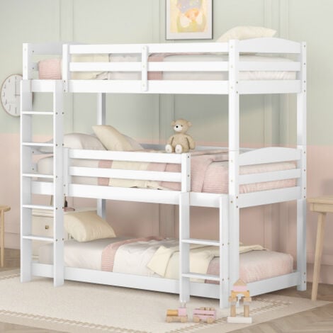 Lit superposé enfant 90x200 cm, lit superposé 3 places avec protection antichute, blanc, sans matelas