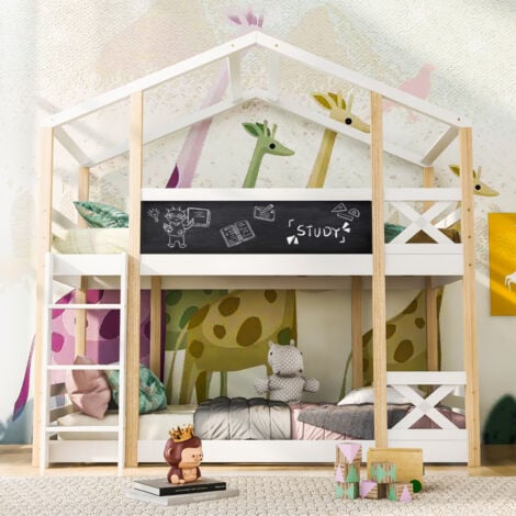 lit superposé enfant 90x200 cm,lit mezzanine 2 places,lit cabane avec escaliers,tableau noir,sommiers à lattes,pin massif,blanc
