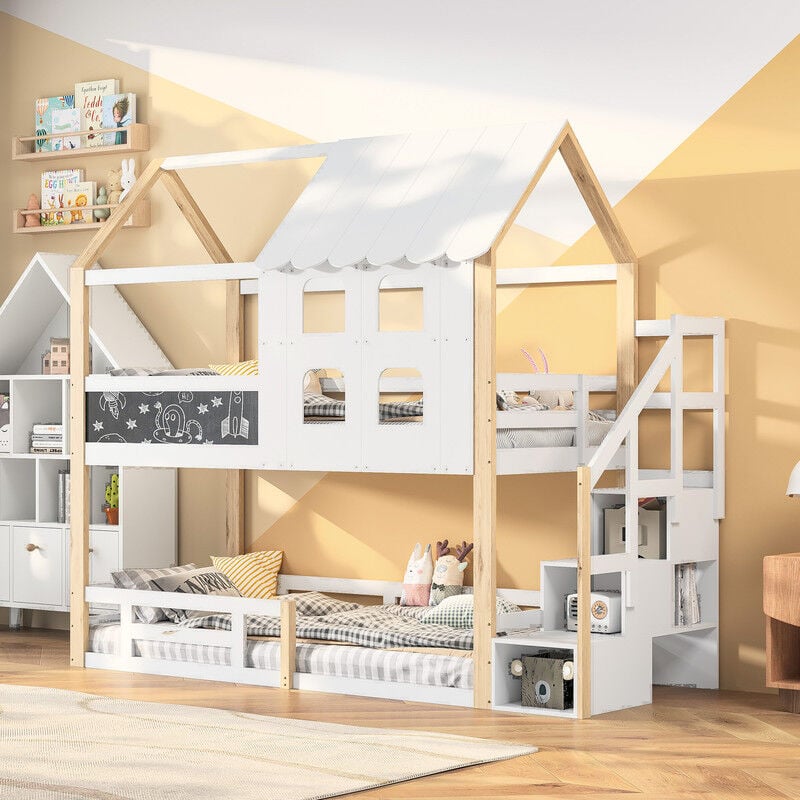 Blanketswarm - Lit superposé enfant 90x200, lit mezzanine 2 places, lit cabane superposé, lit mezzanine escalier avec fenêtre et tableau noir, bois