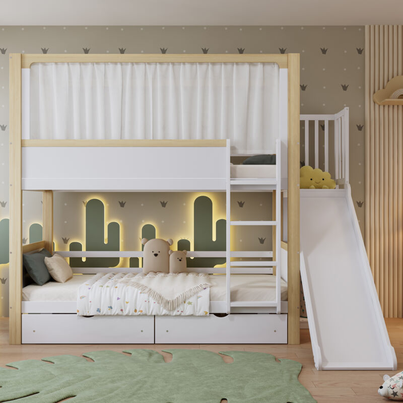 Liberté – Lit superposé enfant 90x200 cm en pin et MDF blanc/naturel – 2 tiroirs à roulettes – Toboggan et rideau tissu inclus