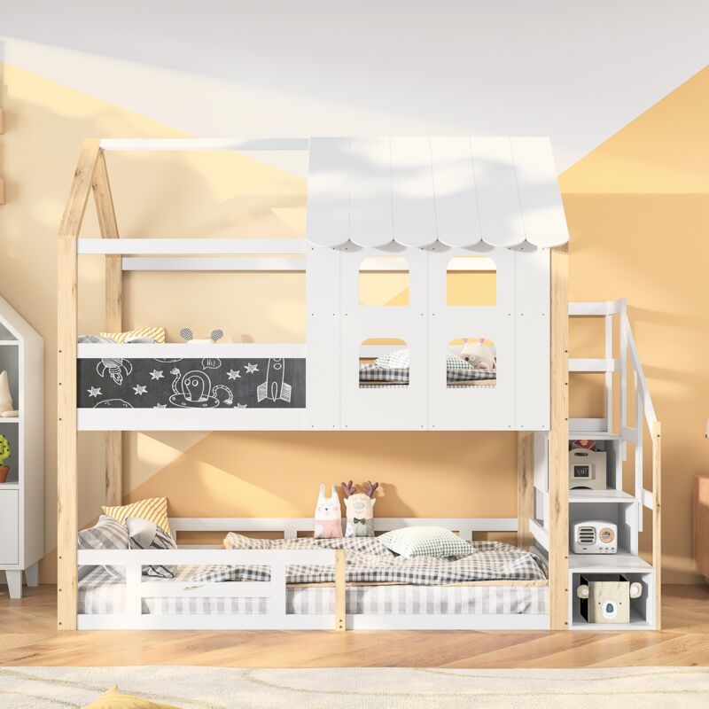 Lit superposé enfant 90x200cm, 2 places, cadre de lit, avec barrière de sécurité et planche à dessin, escalier de rangement, sommier à lattes en