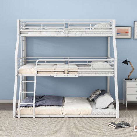Lit superposé enfant 90x200cm ,3 places, Avec escalier à angle droit, cadre de lit en métal, barrière de sécurité, adapté aux enfants adolescents adultes - Blanc