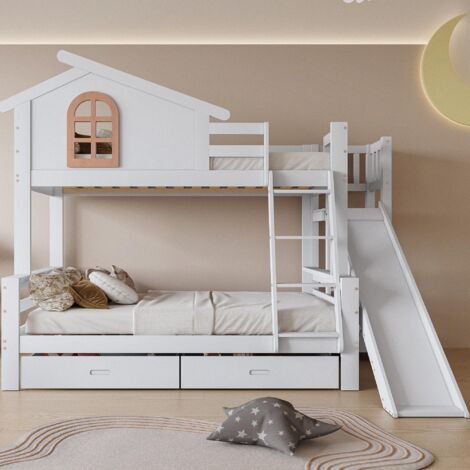 Lit superposé enfant 90x200cm - avec 2 tiroirs et coulisses, fenêtre caractéristique et escalier incliné 4 marches, sommier à lattes, bois - blanc
