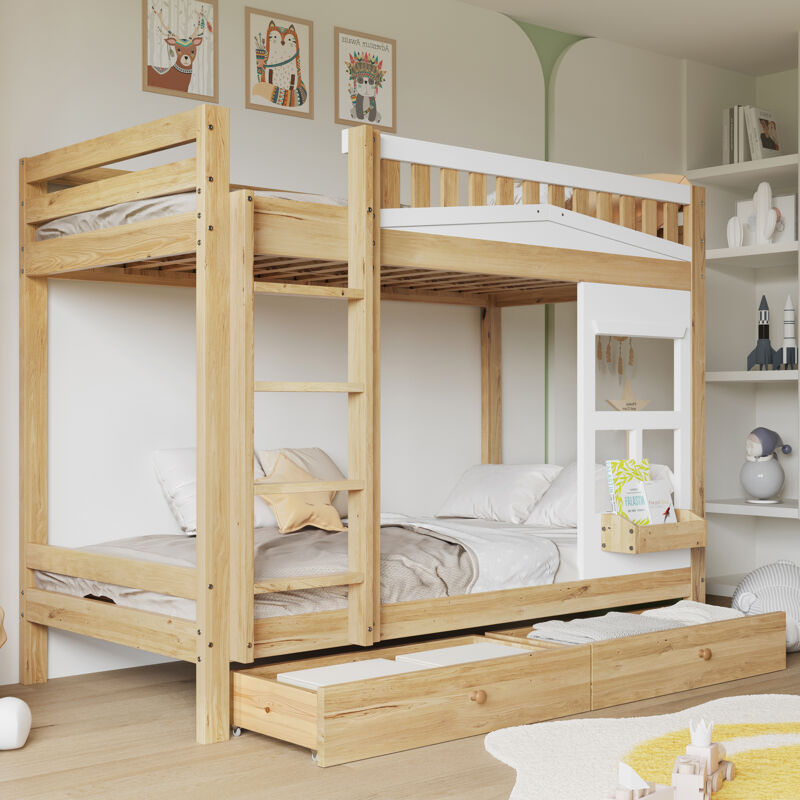 Lit superposé enfant 90x200cm avec fenêtre, 2 tiroirs avec roulettes, cadre de lit avec sommier à latte, blanc et naturel