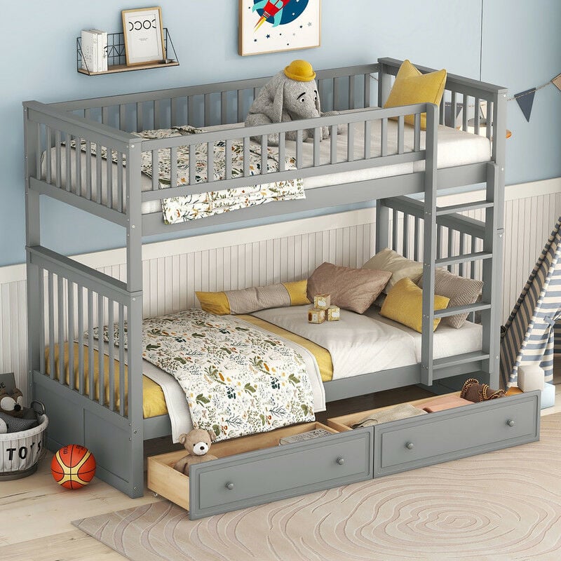 lit superposé enfant, 90x200cm, avec tiroirs, convertible, gris