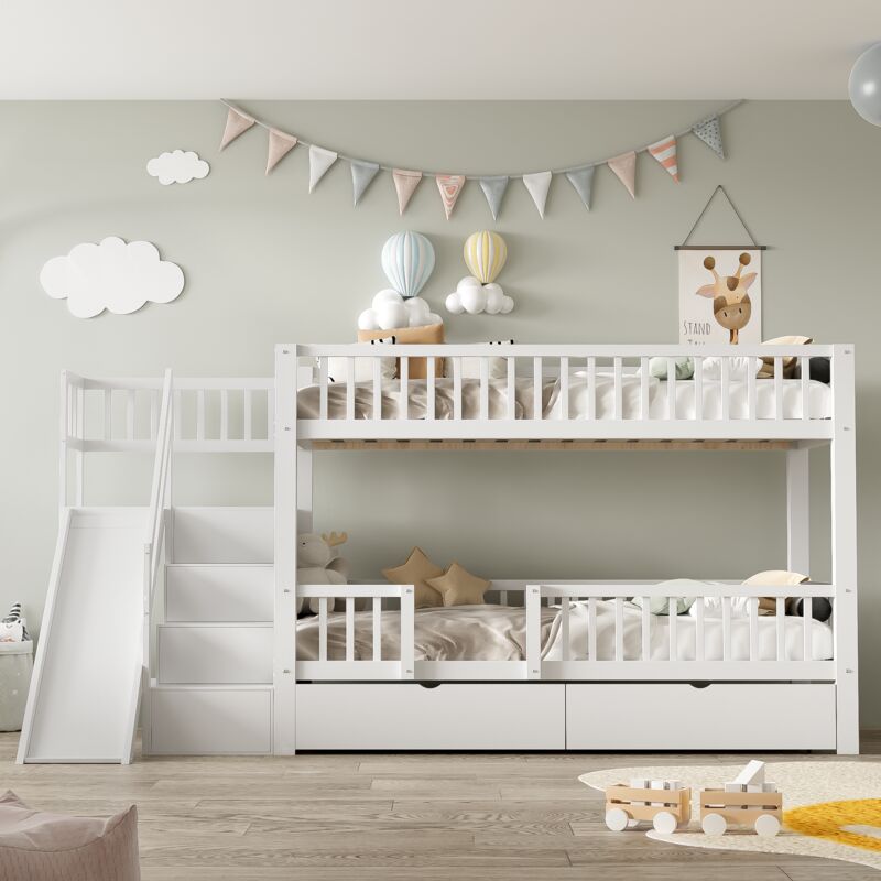 Hauss Spole - Lit superposé enfant 90x200cm, avec toboggan, 2 tiroirs, barrière de sécurité, bois, blanc, sans matelas