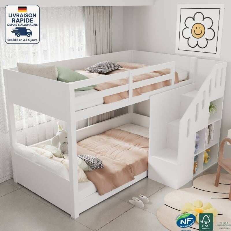 Modfu - Lit superposé enfant 90x200cm, en bois, sans matelas, blanc, escalier avec rangement, lit double