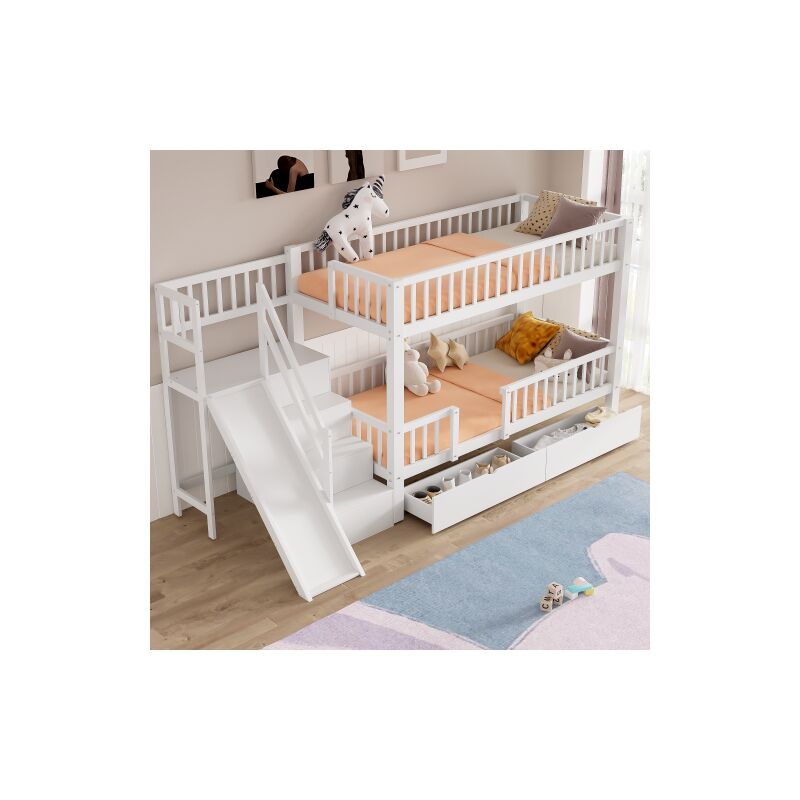 Lit superposé enfant 90x200cm, lit double avec toboggan et escalier, 2 tiroirs, porte magnétique, sans matelas, blanc