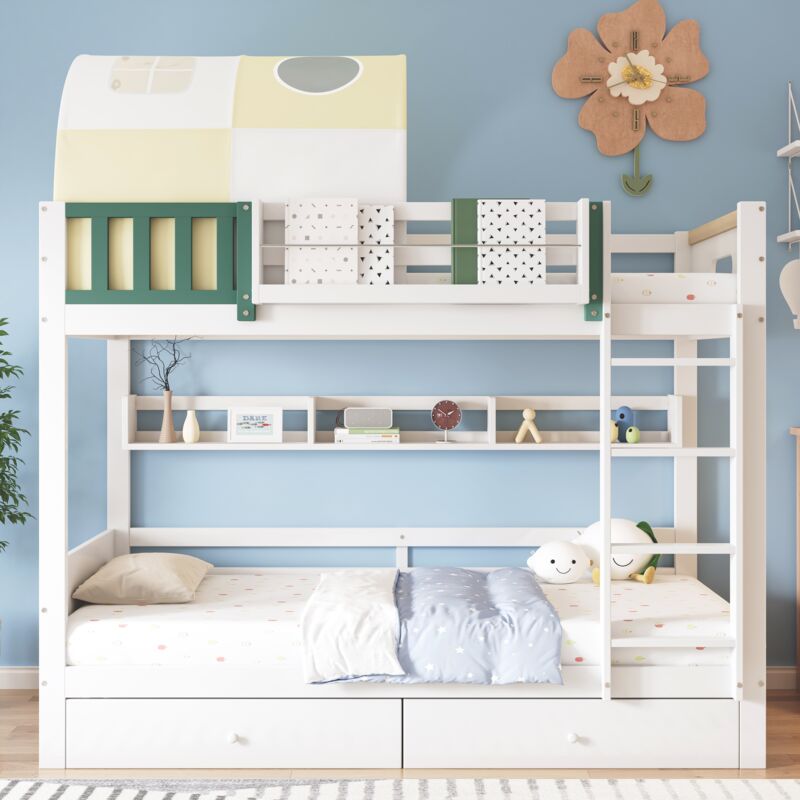Lit superposé enfant 90x200cm, pin, avec 2 tiroirs et escalier, lit superposé avec petite tente et barrière de sécurité, Blanc lit enfant, pin+MDF