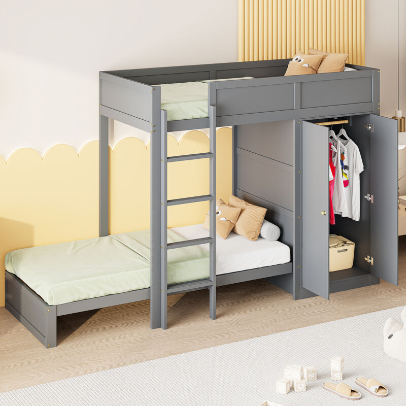 Modfu - Lit superposé enfant 90x200cm, sans matelas, lit double avec armoire, en bois, gris
