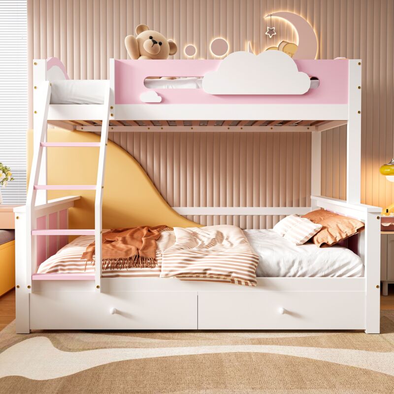 Lit superposé enfant 90x200cm+120x200cm, pin+MDF, cadre de lit avec barrière de sécurité, lit enfant avec 2 tiroirs et escalier, décor moiré, design