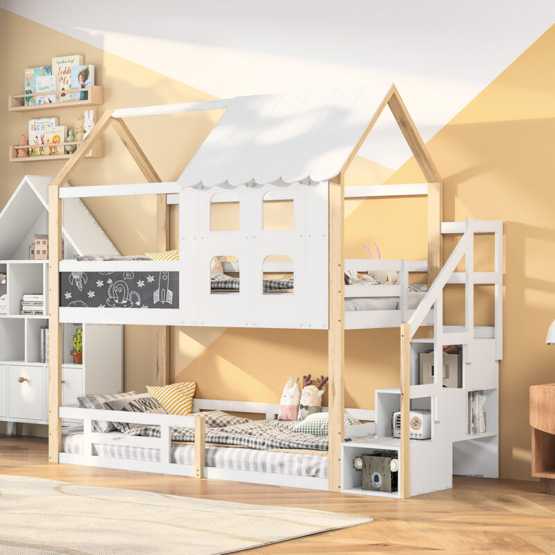 Sunfecili - Lit superposé enfant 90x200,lit mezzanine 2 place,lit mezzanine escalier,avec fenêtre et garde-corps, design tableau noir, bois en pin,