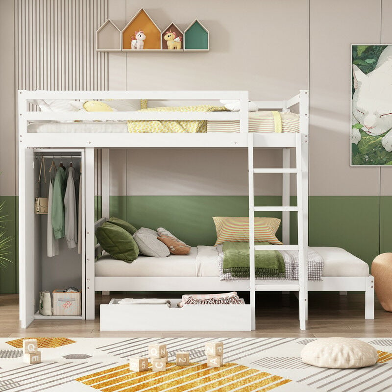 Lit superposé enfant avec armoire et tiroirs, antichute, structure en pin, blanc (90x200 cm)