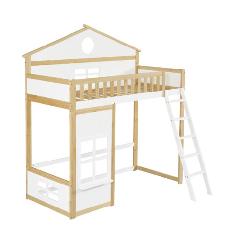 Lit superposé enfant avec escalier bois massif+MDF blanc/naturel 90x200 cm, style maison avec toit et fenêtres