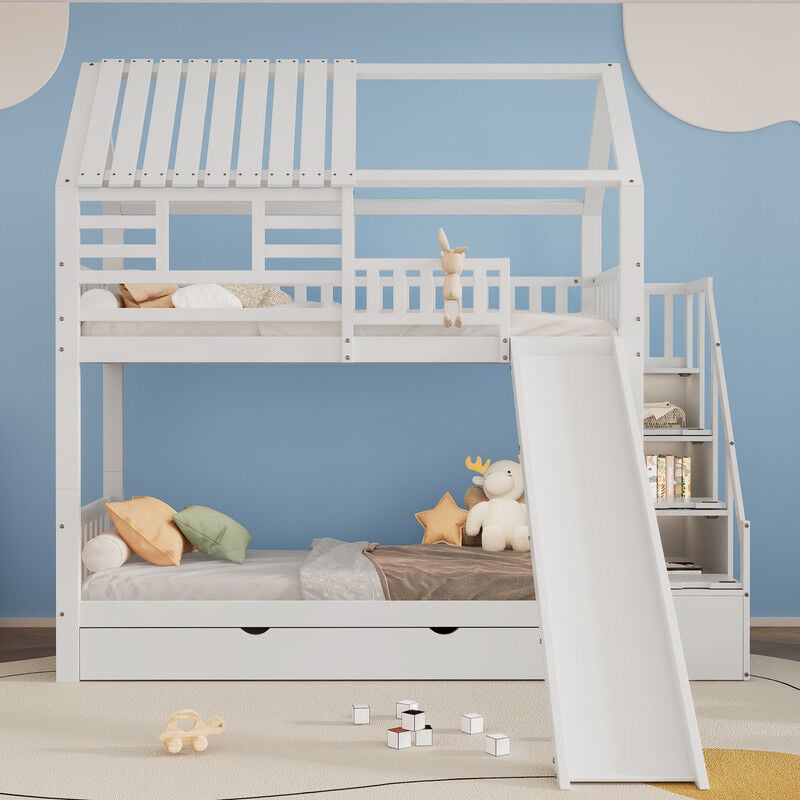 Lit superposé enfant avec escalier et toboggan, rangements, fenêtre et toit, blanc, 90x200cm