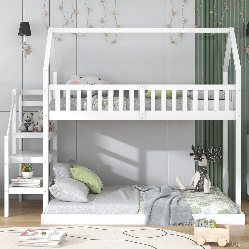 Lit superposé enfant avec escalier, protection antichute, structure en pin, blanc (90x200 cm)
