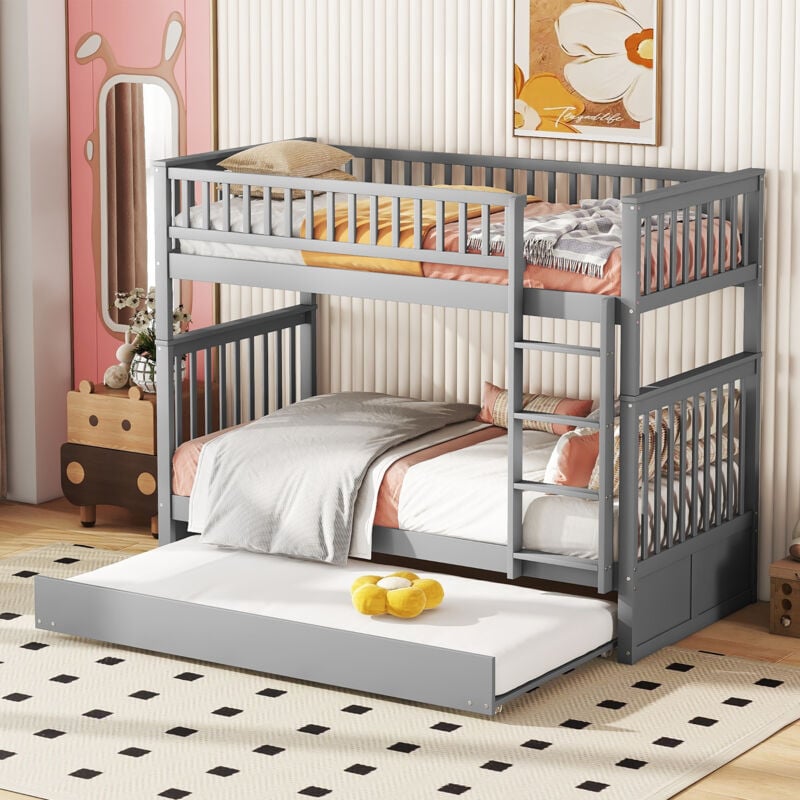 Lit superposé enfant 90 x 200 cm avec lit gigogne et escalier, gris