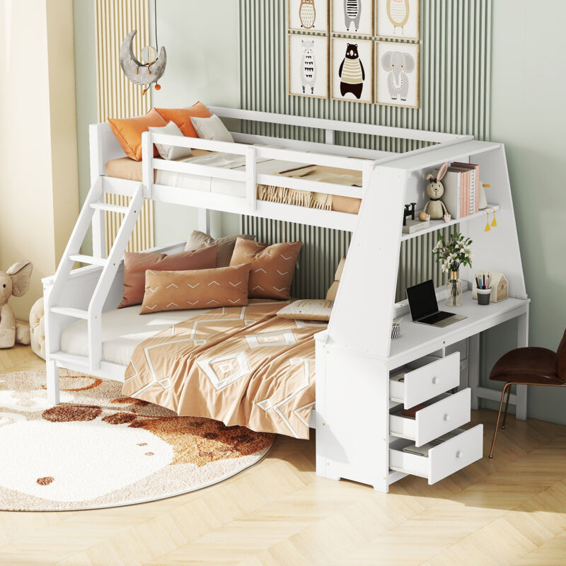 Wishdor - Lit superposé enfant 90 x 200 cm avec table, grand rangement et garde-corps hauts, blanc