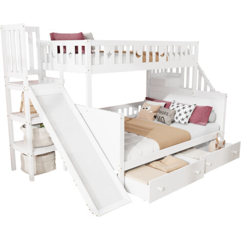 Lit superposé enfant bois massif blanc 90x200/140x200 cm avec toboggan, échelle étagère, 2 tiroirs et sommier