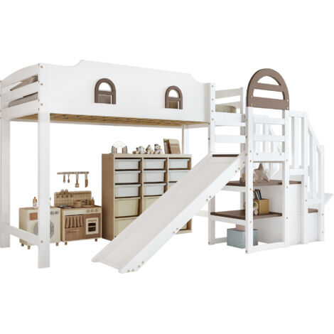 Lit superposé enfant bois massif + MDF blanc 90x200 cm avec toboggan PP, escalier de rangement et garde-corps
