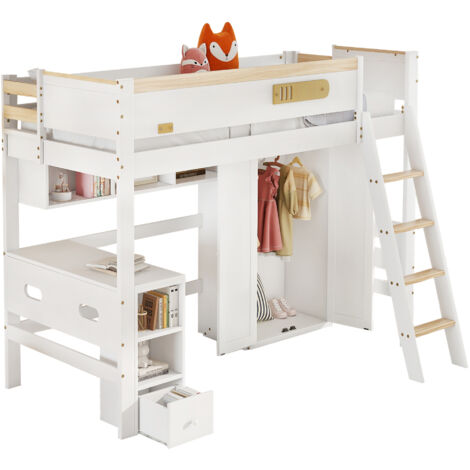 Lit superposé enfant bois massif/MDF blanc et naturel 90x200 cm avec bureau, armoire, étagères et échelle