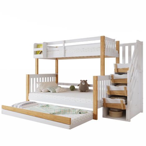 Lit superposé enfant bois massif + MDF blanc/naturel 90x200 & 120x200 cm avec lit gigogne, escalier de rangement et lattes