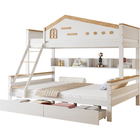 Lit superposé enfant bois massif + MDF blanc/naturel 90x200 & 140x200 cm, avec tiroirs, étagères et échelle