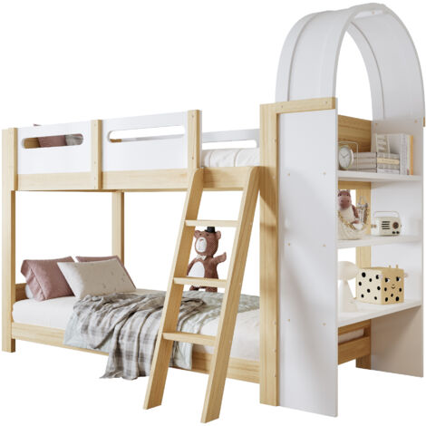 Lit superposé enfant bois massif+MDF blanc/naturel 90x200 cm avec étagère 3 niveaux, échelle et barrières, sommiers à lattes