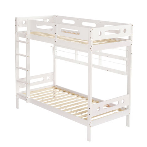 Lit superposé enfant bois massif + MDF blanc/naturel 90x200 cm, échelle 5 marches, rangements étagères