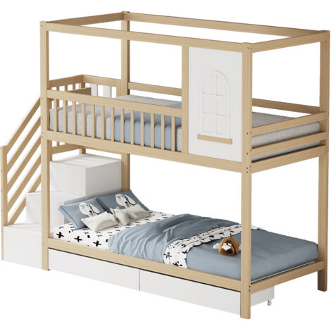 Lit superposé enfant bois massif naturel 90x200 cm, forme maison avec échelle et tiroirs de rangement