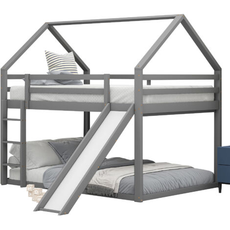 Lit superposé enfant cabane avec toboggan et échelle en pin gris 140x200 cm, sommiers à lattes inclus