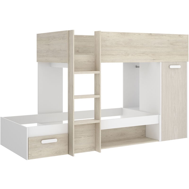 Pegane - Lit superposé enfant coloris chêne naturel, blanc, imitation lamelles, couchage 90 x190 cm - longueur 245 x profondeur 111 x hauteur 150 cm