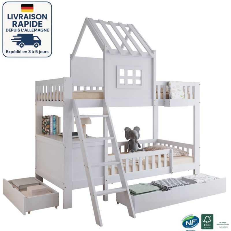 Lit superposé enfant en bois 90X200cm pour 2 personnes - Deux tiroirs sur roulettes - Equipé d'une table de lecture et d'un panier de rangement