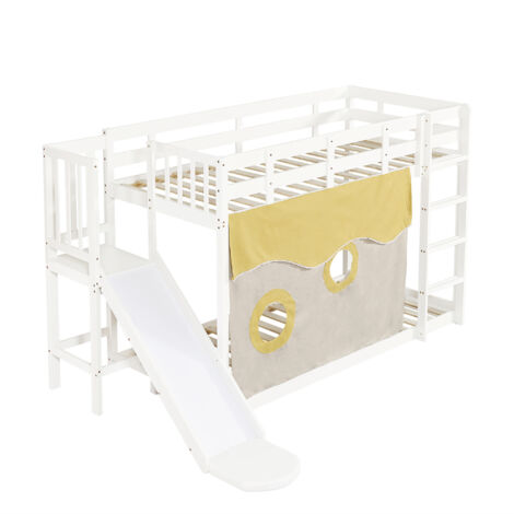 Lit superposé enfant en bois blanc 90x200 cm avec escalier, toboggan, rideaux et barrières de sécurité
