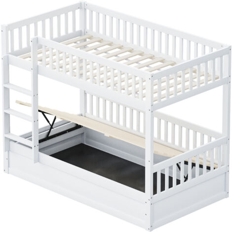 Lit superposé enfant en bois blanc 90x200 cm avec rangement hydraulique, sommier à lattes inclus