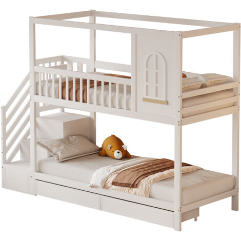 Lit superposé enfant en bois blanc 90x200 cm, style maison avec rangements (tiroirs + échelle à tiroirs), sommier inclus