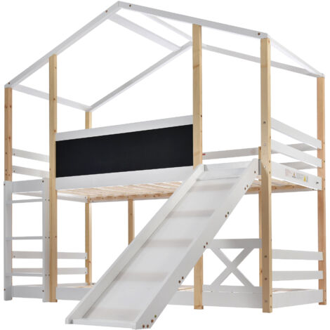 Lit superposé enfant en bois blanc avec toboggan, tableau 110x27 cm, sommiers à lattes inclus