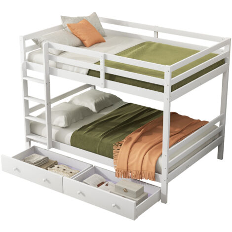 Lit superposé enfant en bois de pin et MDF blanc 140x200 cm avec tiroirs de rangement, garde-corps hauts