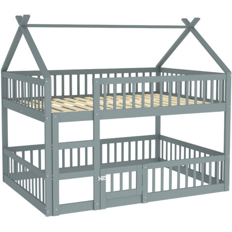 Lit superposé enfant en bois gris 140x200 cm avec escalier intégré, garde-corps haut