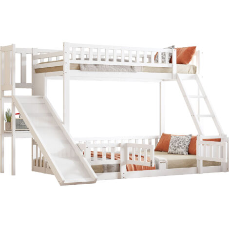 Lit superposé enfant en pin et MDF blanc 140x200 cm avec toboggan, échelle, garde-corps et étagères (EN747)