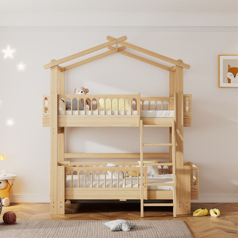 Lit superposé enfant, lit bas amovible, avec échelle, coloris bois, 90x200cm