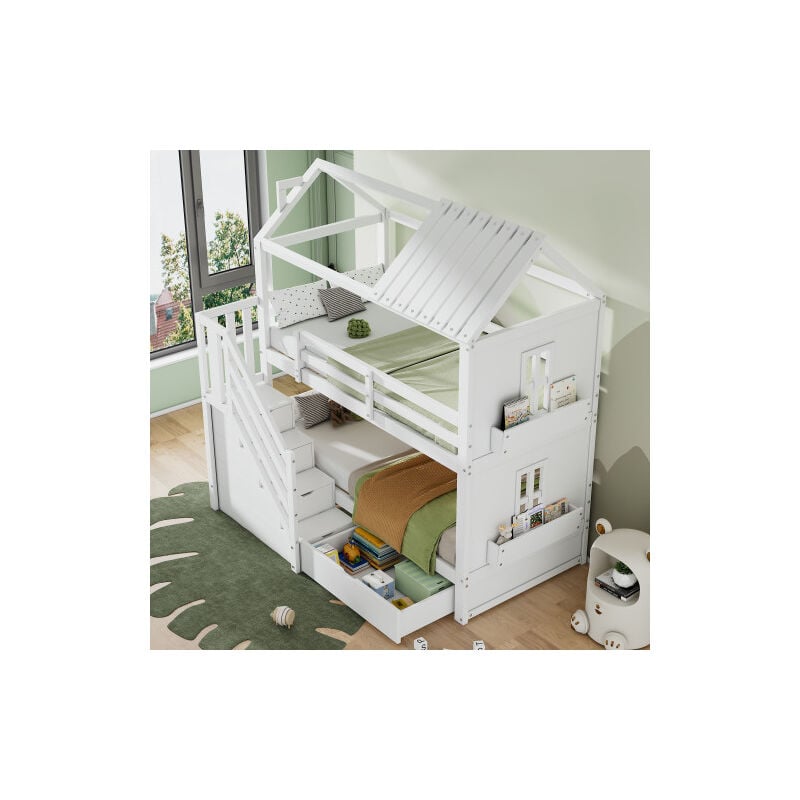 Lit superposé enfant Lit cabane 90 x 200 cm en bois avec escaliers de rangement, tiroirs, étagères, sans matelas, blanc