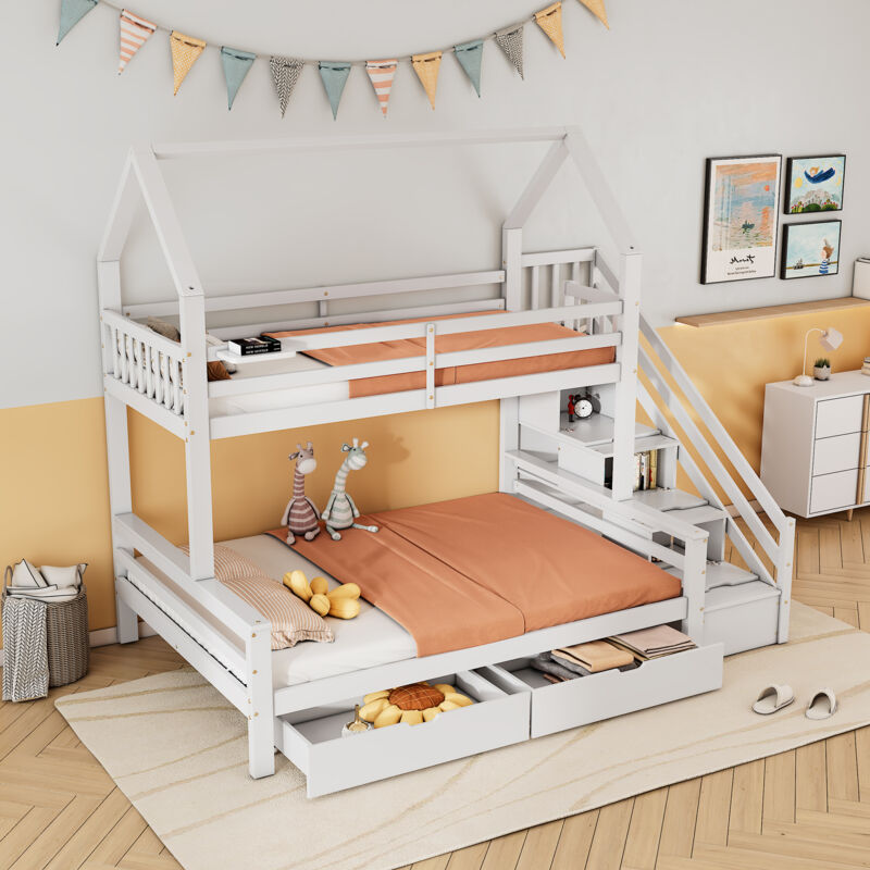 Lit superposé enfant lit cabane 90 x 200 cm et 140 x 200 cm avec échelle, tiroirs et étagère, blanc