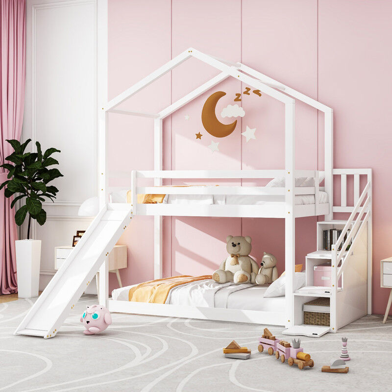 Lit superposé enfant, lit cabane avec toboggan et échelle de rangement, blanc, 90 x 200 cm
