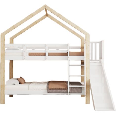 Lit superposé enfant Lit double 90x200 cm avec toboggan et échelle à 3 marches - barrières - Structure en bois massif - Blanc et naturel