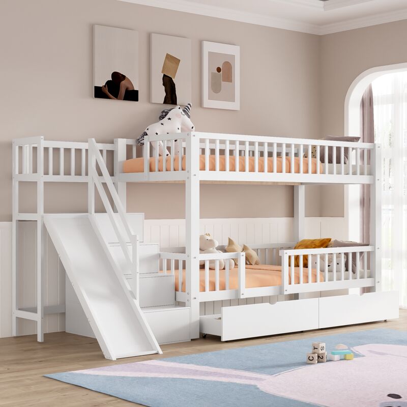Lit superposé 90x200 cm lit enfant 2 places avec toboggan et escalier, 2 tiroirs et porte magnétique, en bois massif, blanc