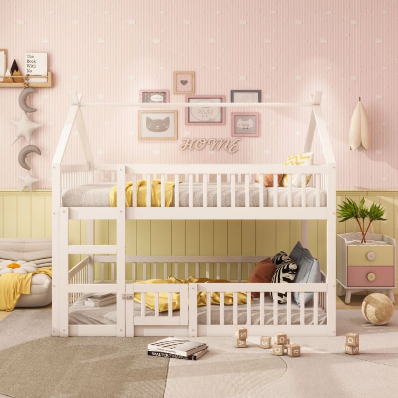 Lit superposé enfant 90x200cm, lit mezzanine avec escalier, design loft, antichute, bois, sans matelas, blanc