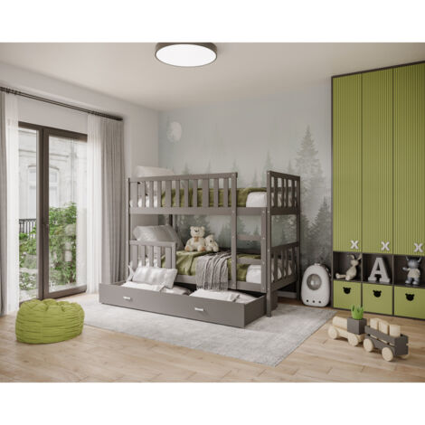 Lit superposé enfant NEMO 90X190 cm - 2 Sommiers et Tiroir inclus Gris