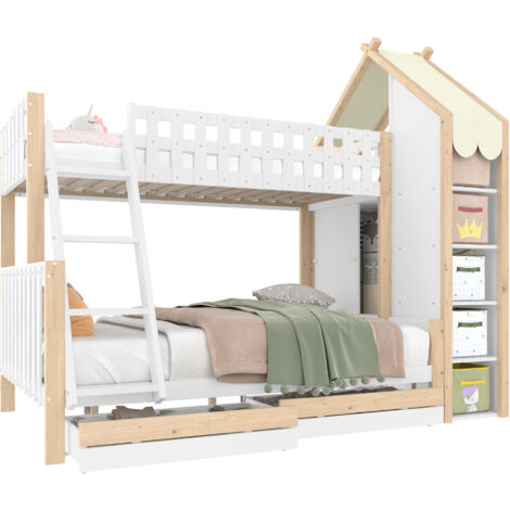 Lit superposé enfant pin/MDF blanc et naturel 90x200 + 140x200 cm, avec échelle, barrières et 2 tiroirs